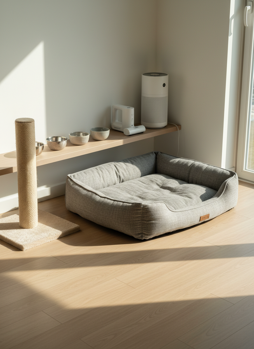 A bright, organized pet-focused nook designed to highlight recommended gear: a large, cushioned dog bed in muted gray fabric, a durable scratching post, and a lineup of stainless and ceramic bowls on a low shelf. Nearby, a compact cordless handheld vacuum and a discreet air purifier suggest practical home utilities. The setting is a sunlit corner of a living space with light wood flooring and a simple white wall. Soft natural daylight pours in from the side, producing gentle shadows and subtle texture on fabrics and fur-friendly materials. Photographic realism at a slightly elevated angle with moderate depth of field keeps all products sharp, conveying a calm, professional, trustworthy guide to pet and home essentials.