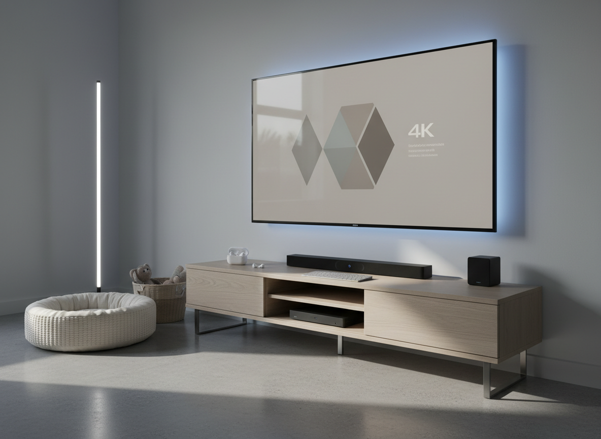 A modern entertainment setup in a living room, showcasing must-have electronics and subtle pet-friendly touches. A large 4K television on a low media console displays a neutral interface, while a soundbar and compact streaming device rest neatly below. On the console surface, wireless earbuds in an open charging case and a slim Bluetooth keyboard are arranged with precision. On the floor nearby, a minimalist pet corner features a neutral-toned pet bed and a small basket of toys. Evening ambient lighting with a cool-toned floor lamp and soft LED glow around the TV creates gentle highlights and cinematic shadows. Photographic realism, captured from an eye-level angle with a balanced composition that feels orderly, modern, and tech-forward.