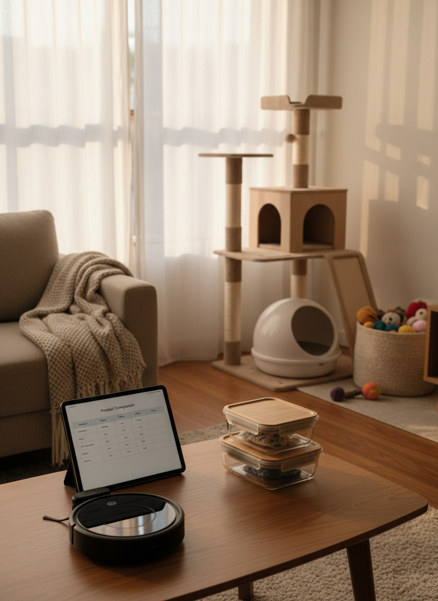 A cozy living room corner featuring a low wooden coffee table carefully styled with recommended products: a high-tech tablet showing a product comparison grid, a compact robot vacuum docked nearby, and a set of neatly stacked food storage containers. In the background, a tasteful pet area includes a modern cat tree, a ceramic litter box cover, and a woven basket of toys. Warm late-afternoon light filters through sheer curtains, casting a golden glow and soft shadows. The composition uses the rule of thirds, photographed at a slightly elevated angle for a comprehensive view. The mood is organized, welcoming, and practical, embodying a professional home recommendations hub in realistic photographic style.