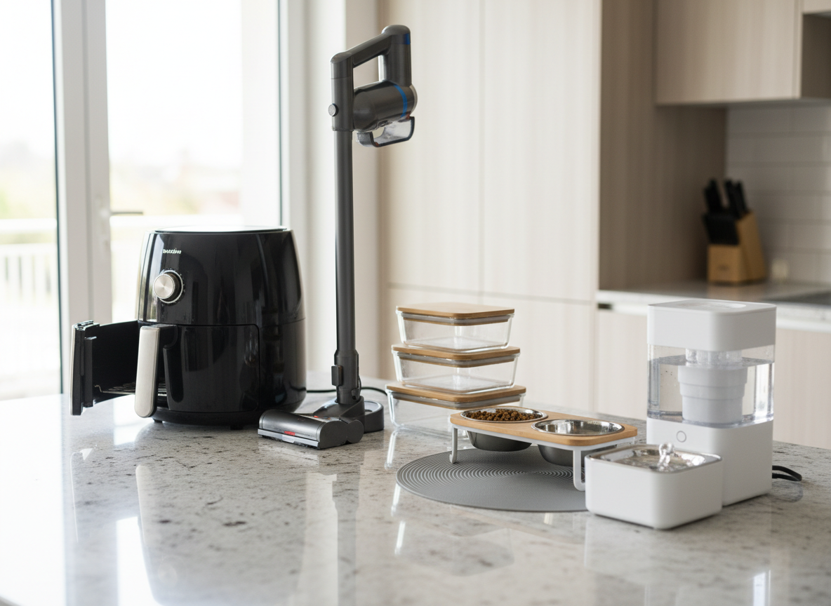 A stylish kitchen countertop in polished light stone, with a curated selection of home and pet utilities arranged in an organized layout: a powerful air fryer with its basket slightly open, a cordless vacuum standing upright, and a set of glass food containers stacked neatly. Beside them, a raised pet feeder with stainless bowls and a sleek automatic water fountain sits on a small mat. Bright, diffused daylight from a nearby window creates crisp highlights and soft shadows across the surfaces. Shot in photographic realism from a three-quarter angle, the composition emphasizes product details and textures while keeping the background kitchen cabinets softly blurred, projecting a clean, efficient, and professional product recommendation environment.