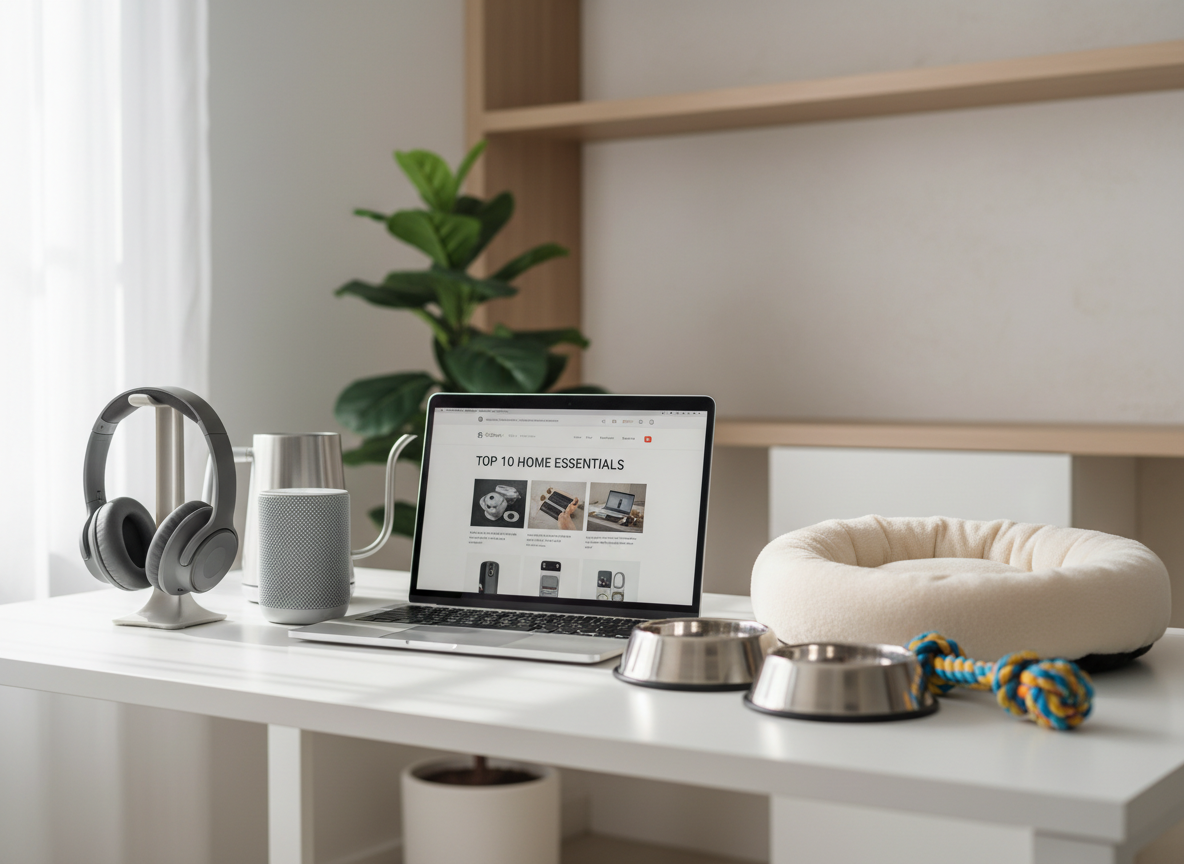 A clean white desk with a sleek silver laptop open on a product review page, surrounded by neatly arranged items: a pair of modern wireless headphones, a compact smart speaker, and a stainless-steel electric kettle. To the side, a tidy row of pet products includes a plush dog bed, stainless bowls, and a colorful chew toy. The scene is set in a bright, minimalist home office with light wood surfaces and a neutral wall. Soft morning daylight enters from an unseen window, creating gentle reflections on the electronics and subtle shadows. Photographic realism at eye level, with shallow depth of field that keeps the laptop and products in sharp focus while the background softly blurs, conveying a professional, trustworthy shopping-guide atmosphere.